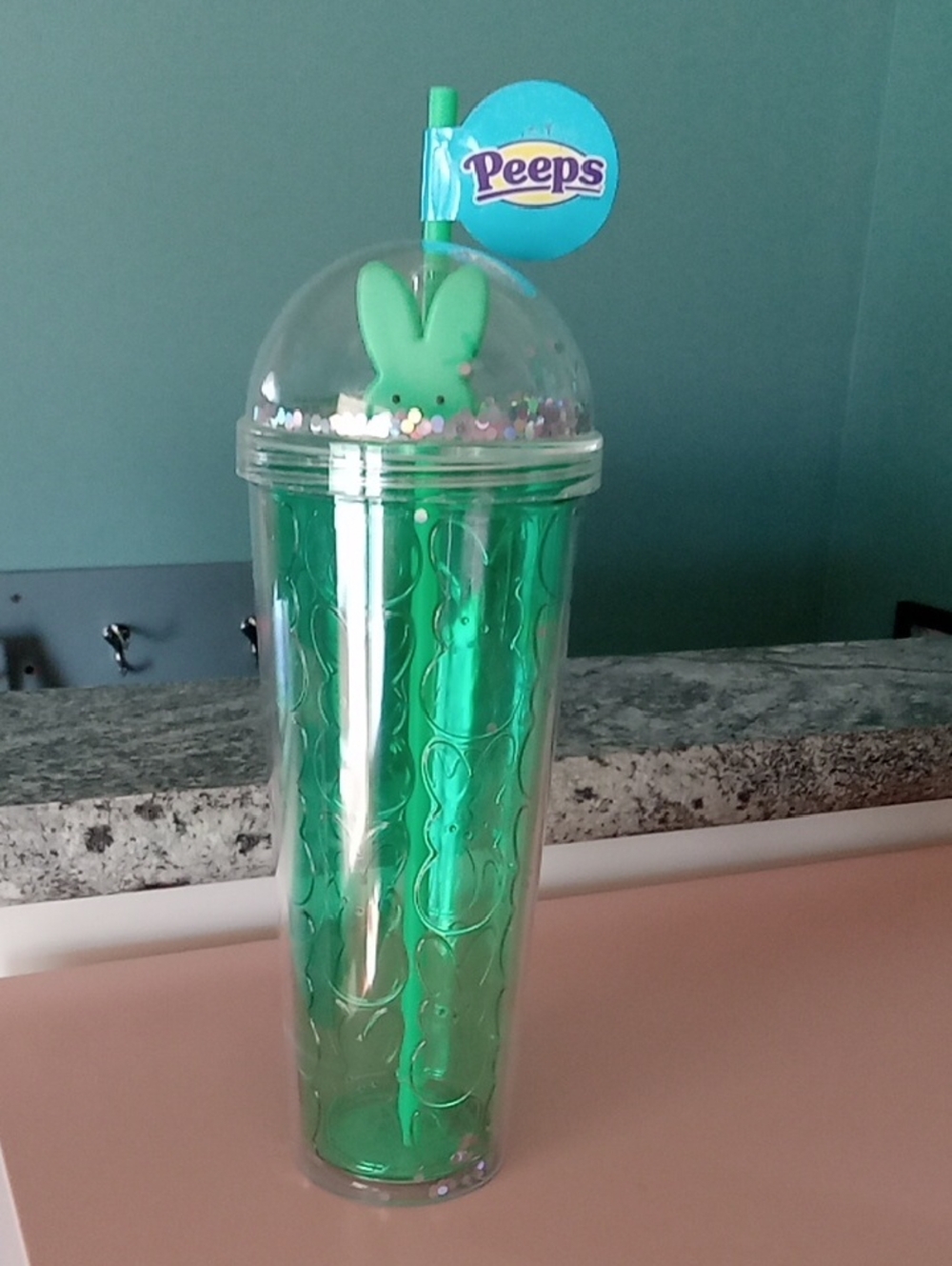 Peeps Green Glitter Double-Wall Tumbler with Straw